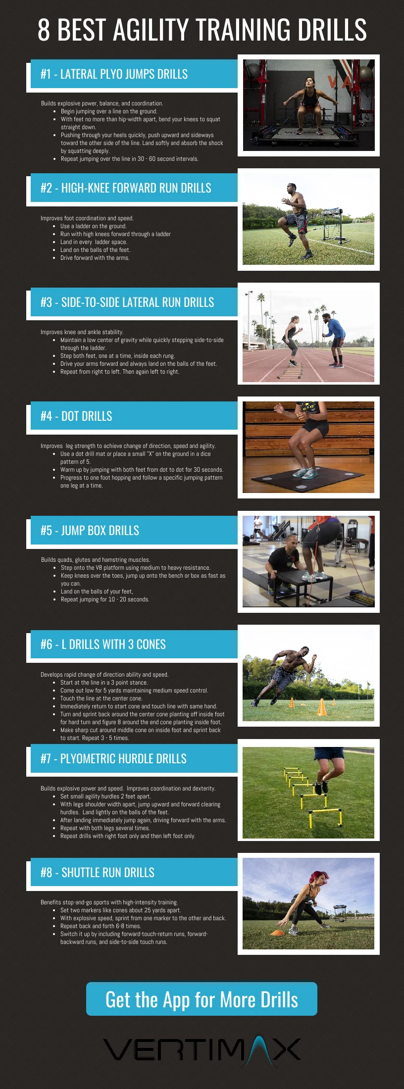 8 Agility Training Drills Infographic For Athletes Featuring Vertimax Performance Training Equipment And Tips For Improving Speed And Coordination