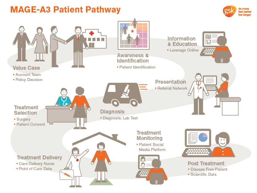 Patient Pathway Infographic Illustrating The Steps Of Patient Care Journey From Diagnosis To Treatment And Follow Up For Improved Health Outcomes.