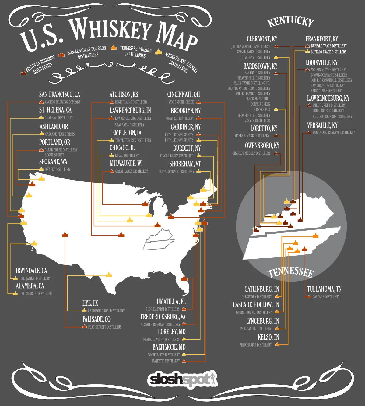 Explore The Us Whiskey Map Showcasing Popular Distilleries And Regions For Bourbon And Rye Enthusiasts Discovering America'S Finest Whiskey Experiences.